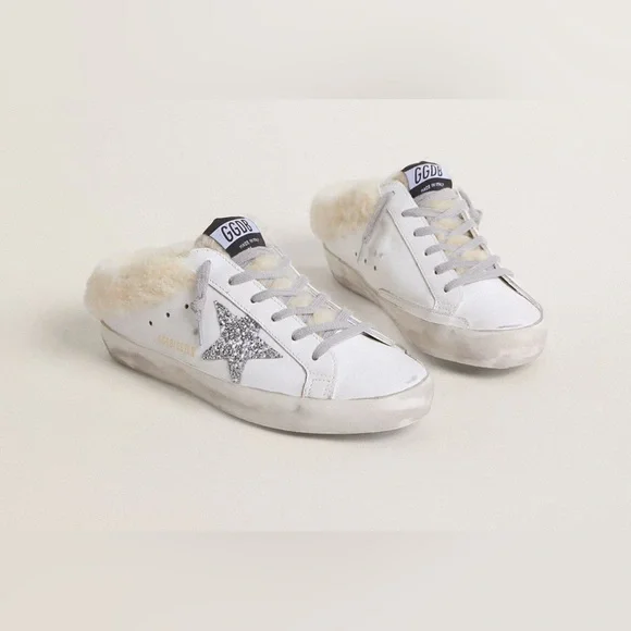 GOLDEN GOOSE Super Star Sabot Leather Glitter Shearling Lined Slip-On Sneaker - Picture 2 of 16